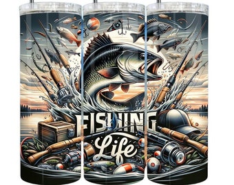 Fishing Life Tumbler Sublimation Wrap - Ready to Press Sublimation Transfer - 20 oz Straight, Fish Tumbler Wrap, Gift for Man, Fisherman