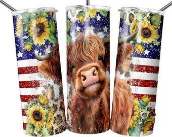Highland Cow Patriotic Sunflower Tumbler Sublimation Wrap - Ready to Press Transfer - Sunflowers, 20 oz Straight Tumbler Transfer, Farm Life