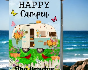 Happy Camper Garden Flag, Personalized, Flowers, Butterflies, Birds, Camping, Happy Campers Flag, Yard Decoration, Campsite Decoration Flag