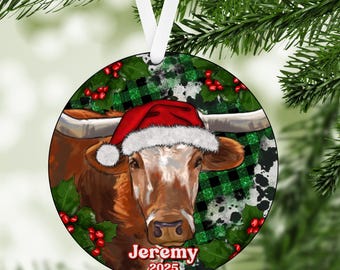 Christmas Longhorn Cow Personalized Ornament, Cows Ornament, Cow Lover Ornament, Ranch Ornament, Farm Ornament, Calf Gift, Flat Ornament