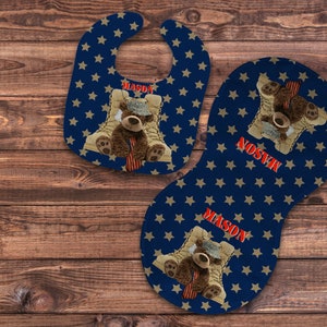 Military Bear Bib and Burp Cloth Set, Personalized, Newborn, Baby, Baby Shower Gift, Baby Gift, Bear Gift, Army Baby, Blue, Brown, Red