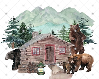 Bear in the Woods Cabin Sublimation Transfer, Ready to Press, Rustic, Bears, Sublimation Design, Ready to Use, Northwoods Sub Transfer