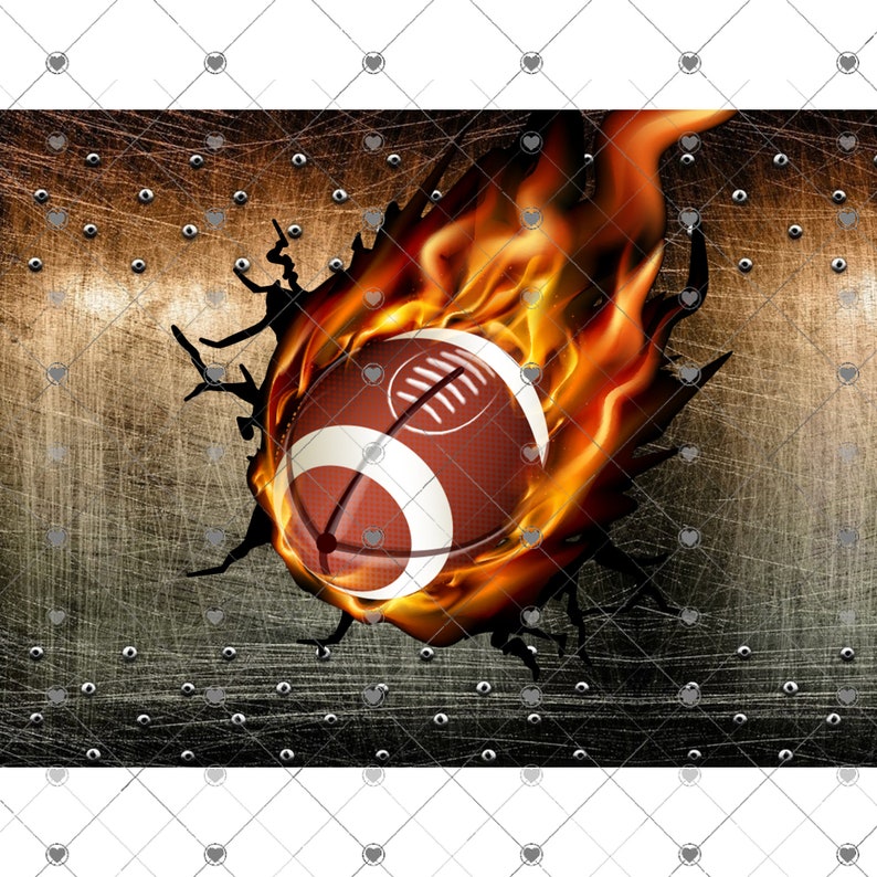 May include: A brown and white football on fire, bursting through a cracked metal surface.