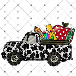 May include: A black and white cow print pickup truck with a red apple, pencils, and a ruler in the bed. The truck is a cartoon illustration.