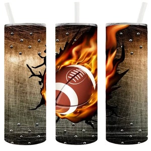 May include: Three stainless steel tumblers with a design of a football engulfed in flames on a metallic background. The tumblers have a straw and lid.