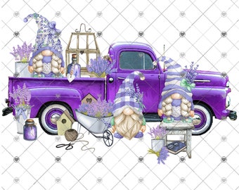 Lavender Gnome Truck Sublimation Transfer - Ready to Press, Lavender Transfer, Gnome Transfer, Vintage Truck Gnome Transfer, Ready to Use