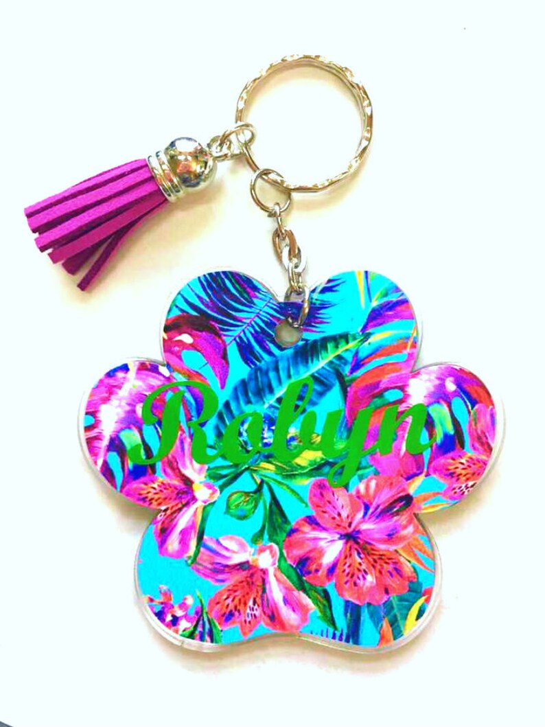 paw print personalized name keychain key ring acrylic