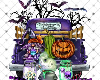 Halloween Gnomes Truck Sublimation Transfer, Ready to Press, Halloween, Ready to Use, Halloween Sub Design, Spooky, Fall, Pumpkins, Bats