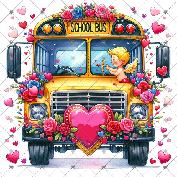 School Bus Valentine Sublimation Transfer Ready to Press, Bus Driver Gift, Bus Garage, School District, Cupid Bus, Love Hearts Bus Driver