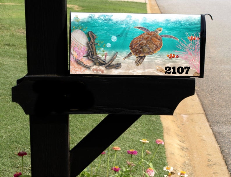 Mailbox Cover with Magnetic Strip Personalized Sea Turtle Mailbox Decor Custom Address Mailbox Cover, Personalized Ocean Mailbox Cover image 4