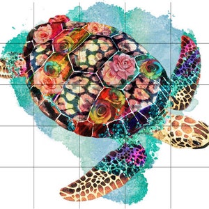 Puede incluir: Una pintura acuarela colorida de una tortuga marina con un patr&oacute;n floral en su caparaz&oacute;n. La tortuga est&aacute; nadando en agua azul turquesa con salpicaduras de acuarela blanca y azul.