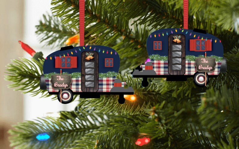 Christmas Camper with Christmas Lights and Name Ornament, Personalized, Plaid Camper Ornament, Name Ornament, Camping, Couple Gift image 5