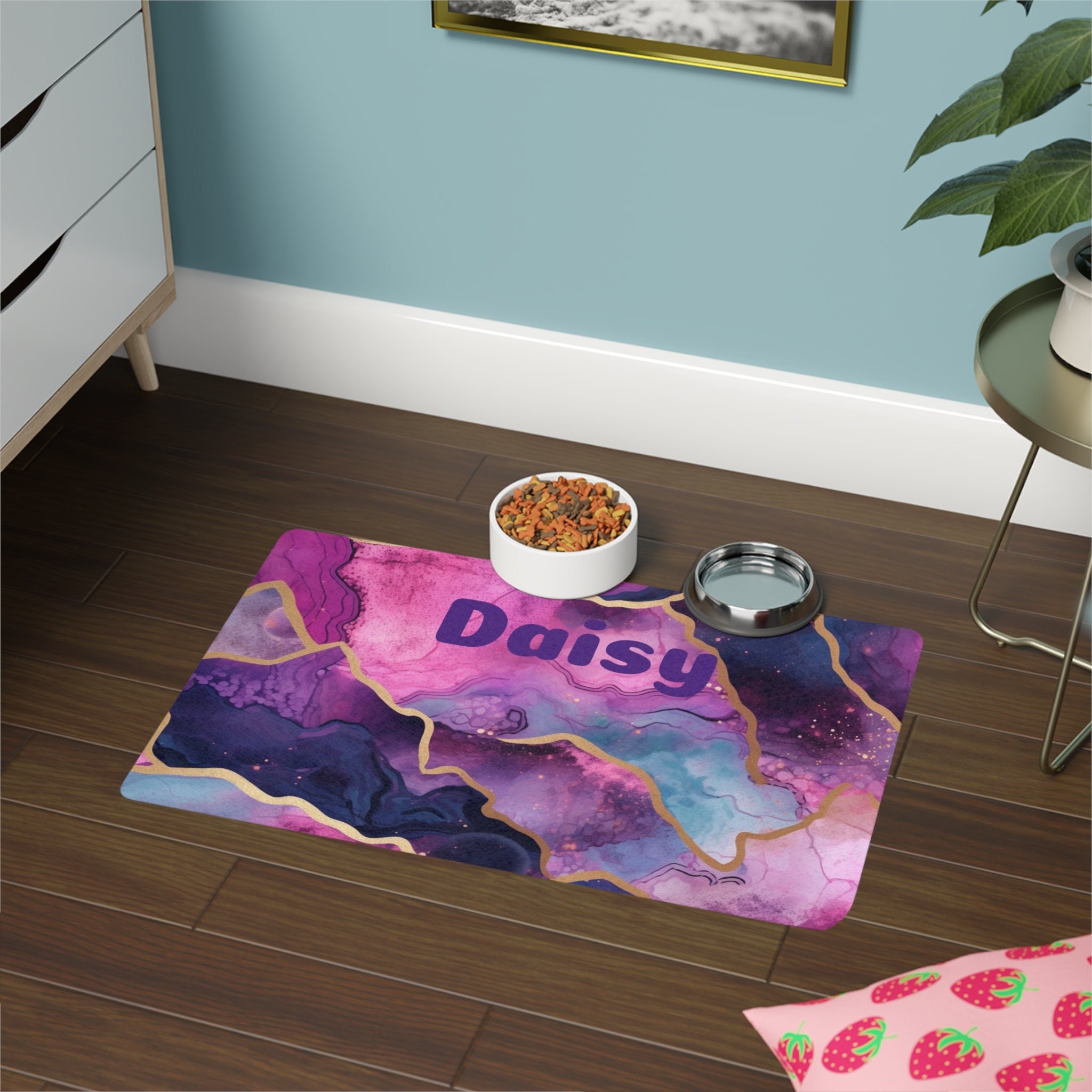 Personalized Marble Pet Mat - 12" x 18" - Non-Slip Rubber Printed in the USA, Pet Feeding Mat, Pet Food Mat - Pink Purple Marble Geode Look