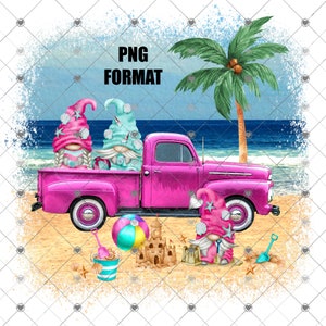 Diseño digital de camiones de gnomos de playa para sublimación, descarga instantánea PNG, imprimible, gnomies, descarga digital de gnome de verano, océano, arena