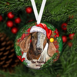 Christmas Boer Goat Personalized Ornament, 2-dimensional flat, Custom Name Christmas Holiday, Farm Ornament, Barn, Goats, Goat Lover