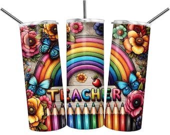 May include: Three stainless steel tumblers with a rainbow, flowers, butterflies, and colored pencils design. The tumblers have the word "TEACHER" printed on them.