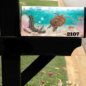 Mailbox Cover with Magnetic Strip Personalized Sea Turtle Mailbox Decor Custom Address Mailbox Cover, Personalized Ocean Mailbox Cover image 2