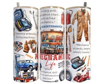 Mechanic Tumbler Wrap Sublimation Transfer - Ready to Press - 20 oz Straight - Automobile Tumbler Wrap, Auto Mechanic Printed Transfer