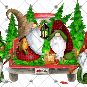 May include: Five gnomes in red and green plaid outfits are gathered around a red pickup truck. The truck is filled with Christmas trees and the gnomes are holding lanterns and candy canes. The truck has a license plate that says "Ho Ho Ho".