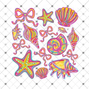 May include: A collection of colorful, hand-drawn illustrations of seashells, starfish, and bows. The designs feature bright pink, yellow, and turquoise hues, with a textured, watercolor-like effect. The elements are arranged on a white background with a subtle diamond pattern.