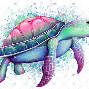 May include: A watercolour painting of a sea turtle with a colourful shell and a green head. The turtle is swimming in a blue and green watercolour background.