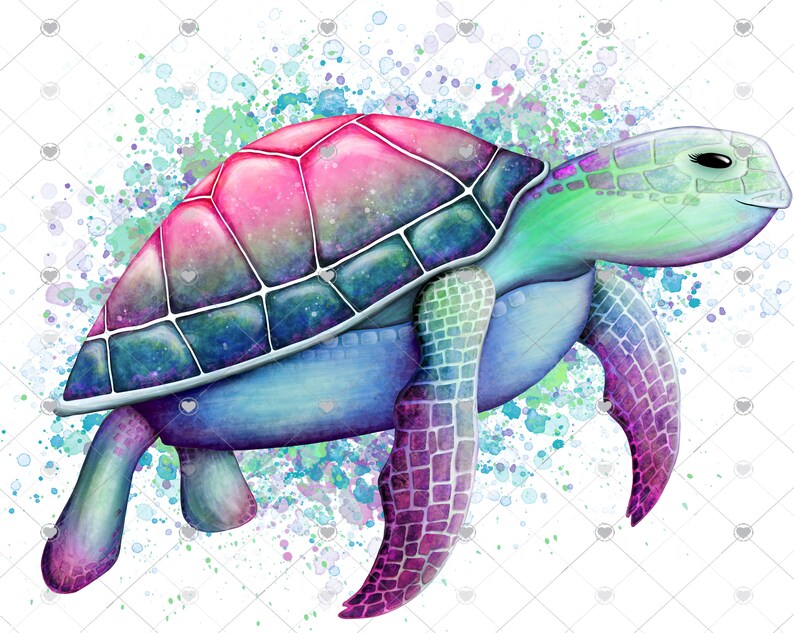 May include: A watercolour painting of a sea turtle with a colourful shell and a green head. The turtle is swimming in a blue and green watercolour background.