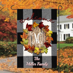 White Buffalo Plaid Leaves Monogram Garden Flag, Personalized, Fall Garden Flag, Autumn Garden Flag, Custom Garden Flag, Name Garden Flag