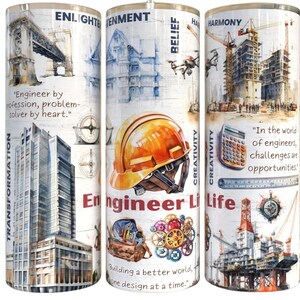 May include: A stainless steel tumbler featuring an engineer theme. The design includes architectural illustrations, a hard hat, tools, and inspirational quotes. The tumbler is decorated with the words "Engineer Life" and "Building a better world, one design at a time."