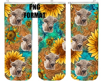 Highland Cow Sunflower Western Tumbler Wrap PNG, 20 oz Tumbler Wrap, Sublimation Digital Download, Sunflowers, Cows, Ranch, Highlanders