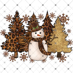 May include: A snowman with a leopard print hat and scarf stands in front of three Christmas trees. Two of the trees are decorated with a leopard print pattern, and the third tree is decorated with gold glitter.