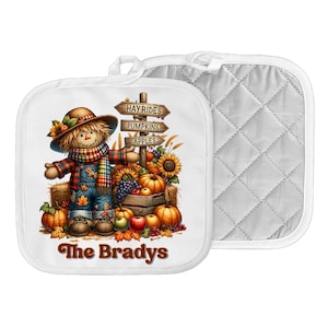 Fall Scarecrow Pumpkin Personalized Hot Pad Potholder, Autumn Farm Kitchen Decor Towel, Thanksgiving Harvest Tea Towel, Hayrides, Apples