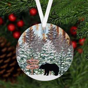 Bear Trees Personalized Christmas Ornament, 2-dimensional flat, Custom Name Christmas Holiday, Bear Snowy Forest Ornament, Alaska, Bears