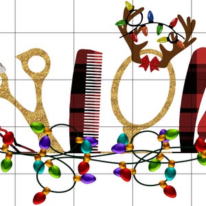May include: Gold glitter scissors, a comb, a round mirror, and a red and black plaid hair cutting shears with a string of Christmas lights around them.