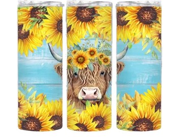 Highland Cow Sunflower Tumbler Sublimation Wrap - Ready to Press Western Transfer - Cows, 20 oz Straight Tumbler, Tumbler Transfer, Farm
