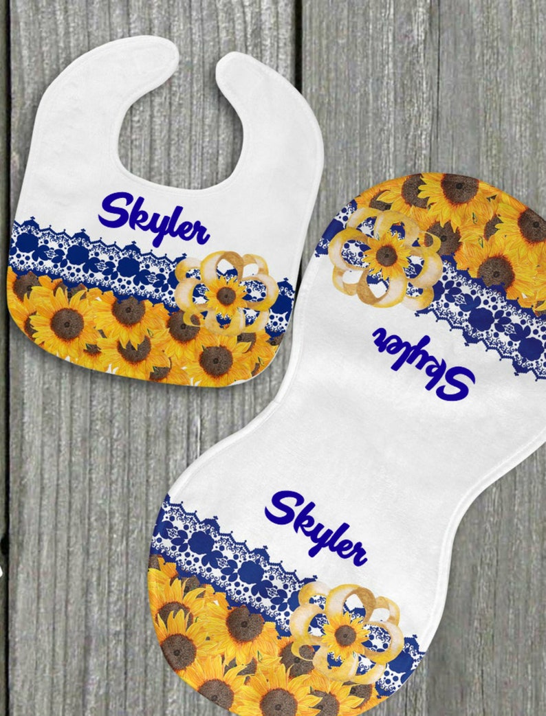Yellow and Blue Baby Shower Gift Newborn Baby Girl Sunflower Personalized Bib and Burp Cloth Set New Baby Gift Custom Name Bib