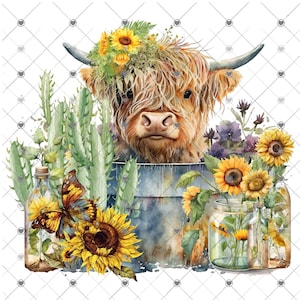 Highland Cow Sublimation Transfer, Cows, Farm, Heifer, Highland Cow in Bucket Tub Sunflowers Cactus, Printed Sublimation, Ready to Use