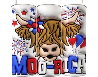 Highland Cow Patriotic Tumbler Sublimation Wrap, Moorica Cow Printed Transfer - Ready to Press Transfer, 20 oz Straight Tumbler Transfer