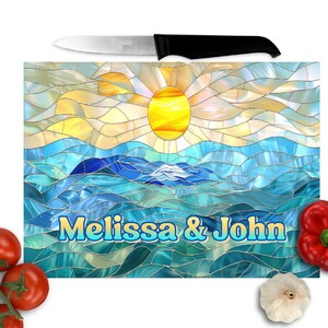 Ocean Personalized Glass Cutting Board, Ocean Sun Personalized Kitchen Decor, Beach Sea Custom Kitchen Chopping Board, Beach Lover