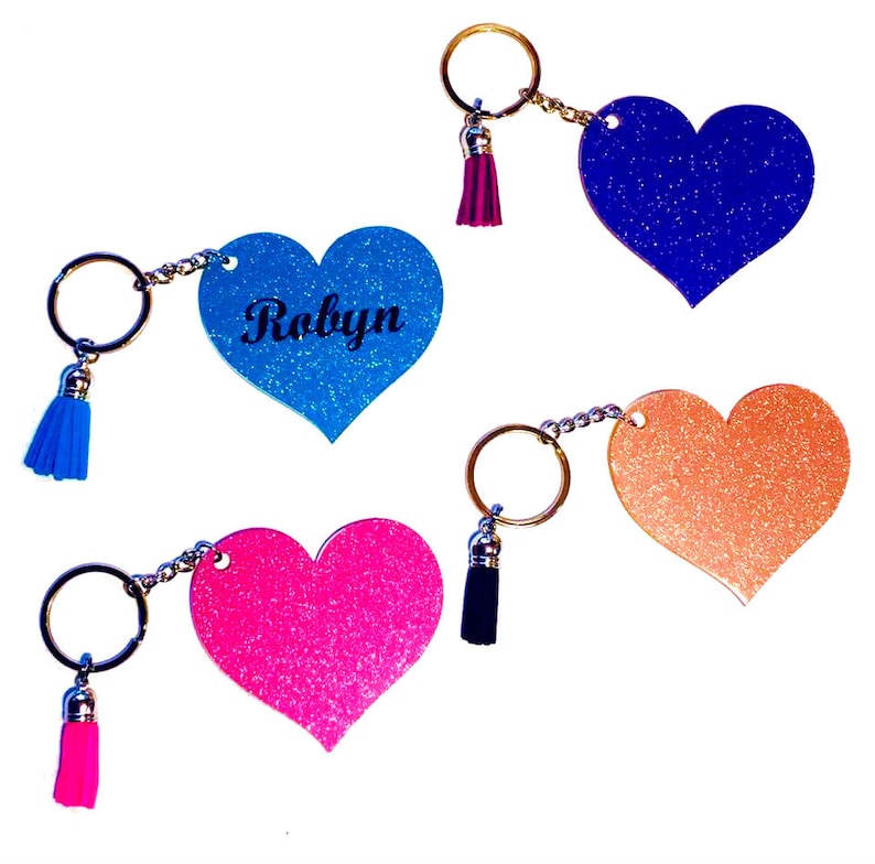Heart Personalized Name Glitter Vinyl Acrylic Keychain Key