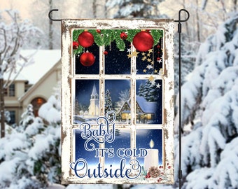 Baby It's Cold Outside Christmas Garden Flag, Frosty Winter Window Christmas Flag, Garden Flag, Christmas Garden Flag, Christmas Yard Decor