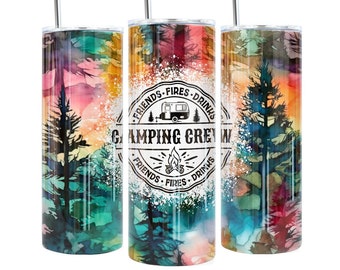 Camping Crew Tumbler Wrap Sublimation Transfer, Friends, Fires, Drinks - 20 oz Straight - Campers, Happy Camper, Camping, Printed Transfer