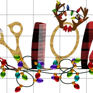 May include: Gold glitter scissors, a comb, a round mirror, and a red and black plaid hair cutting shears with a string of Christmas lights around them.