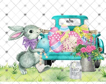 May include: A gray bunny with a purple bow holds a blue Easter egg next to a teal blue pickup truck filled with colorful Easter eggs. The truck has a sign that says "Bunny Treats".