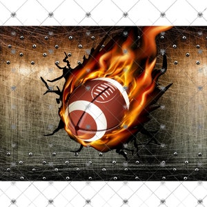 May include: A brown and white football on fire, bursting through a cracked metal surface.