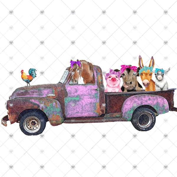 Farm Animals with Bandanas Rustic Truck Sublimation Transfer - Ready to Press - Pig, Rooster, Cow, Goat, Horse, Donkey, Vintage Truck