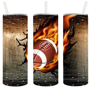 May include: Three stainless steel tumblers with a design of a football engulfed in flames on a metallic background. The tumblers have a straw and lid.