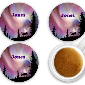 Northern Lights Aurora Borealis Moose Coasters - Trees Night Sky - Personalized - Customized - Wedding Gift - Couples Custom Gift - Set of 4