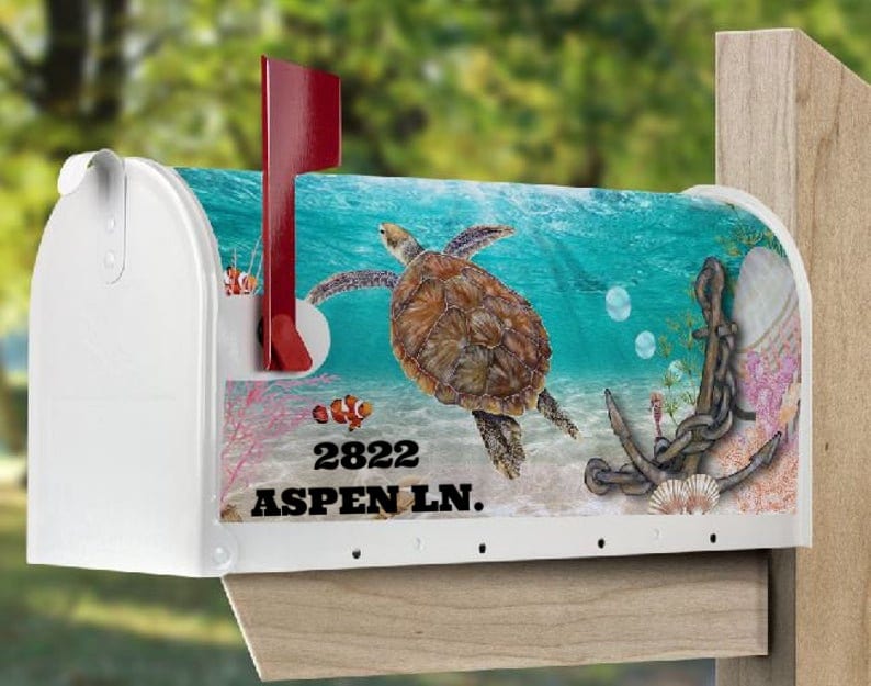 Mailbox Cover with Magnetic Strip Personalized Sea Turtle Mailbox Decor Custom Address Mailbox Cover, Personalized Ocean Mailbox Cover image 3