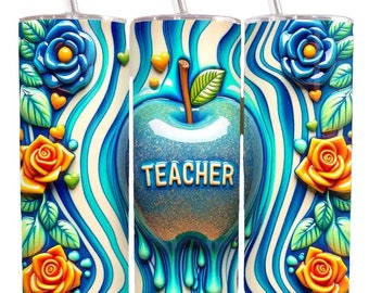 May include: A blue and white tumbler with a dripping blue apple that says "TEACHER" on it. The tumbler is decorated with blue and yellow roses and green leaves.