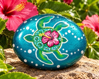 Sea Turtle Hand Painted Stone, Tropical Hibiscus, Ocean, Beach
